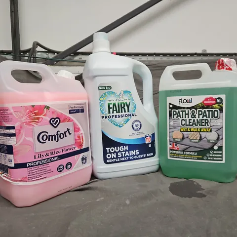 3 ASSORTED LARGE LIQUIDS TO INCLUDE COMFORT PROFESSIONAL, FAIRY PROFESSIONAL TOUCH ON STAINS, FLOW PATH & PATIO CLEANER - COLLECTION ONLY