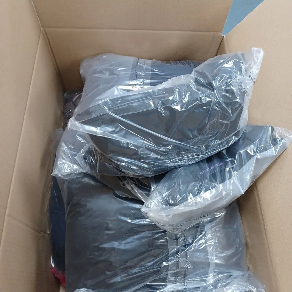 BOX OF 9 ASSORTED CLOTHING ITEMS TO INCLUDE FLUFFY LEOPARD PRINT JACKET, PINK COLLARED JACKET , ETC