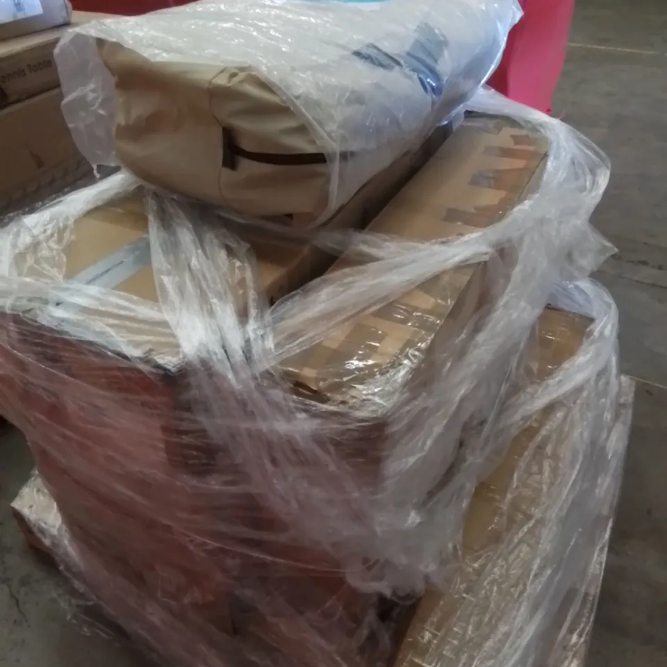 PALLET CONTAINING ASSORTED HOUSEHOLD & HOME IMPROVEMENT PRODUCTS. INCLUDES 3 X EXCERISE BIKES AND OTHER ASSORTED FURNITURE ETC
