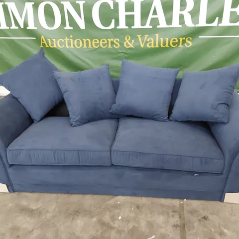 DESIGNER THREE SEATER SOFA WITH SCATTER CUSHIONS BLUE PLUSH FABRIC