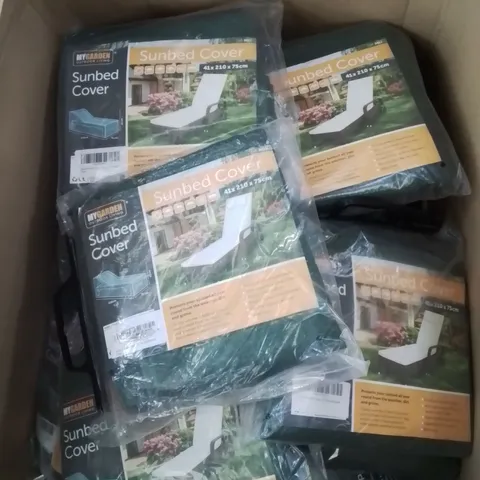 BOX CONTAINING LARGE AMOUNT OF BRAND NEW SUNBED COVERS