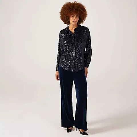 RUTH LANGSFORD BUTTON FRONT SEQUIN SHIRT MIDNIGHT SIZE 16