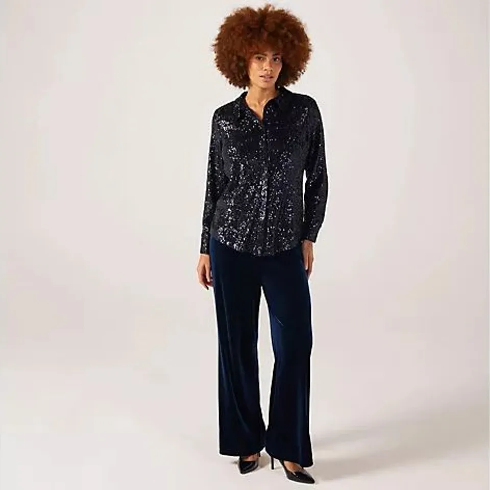 RUTH LANGSFORD BUTTON FRONT SEQUIN SHIRT MIDNIGHT SIZE 16