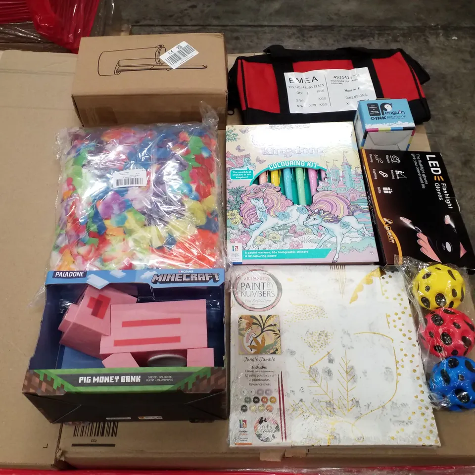 PALLET OF 4 BOXES CONTAINING ASSORTED PRODUCTS INCLUDING UNICORN COLOURING KIT, LED FLASHLIGHT GLOVES, INK CARTRIDGES, NYLON BAG, PAINT BY NUMBERS KIT, MINECRAFT PIG MONEY BANK  
