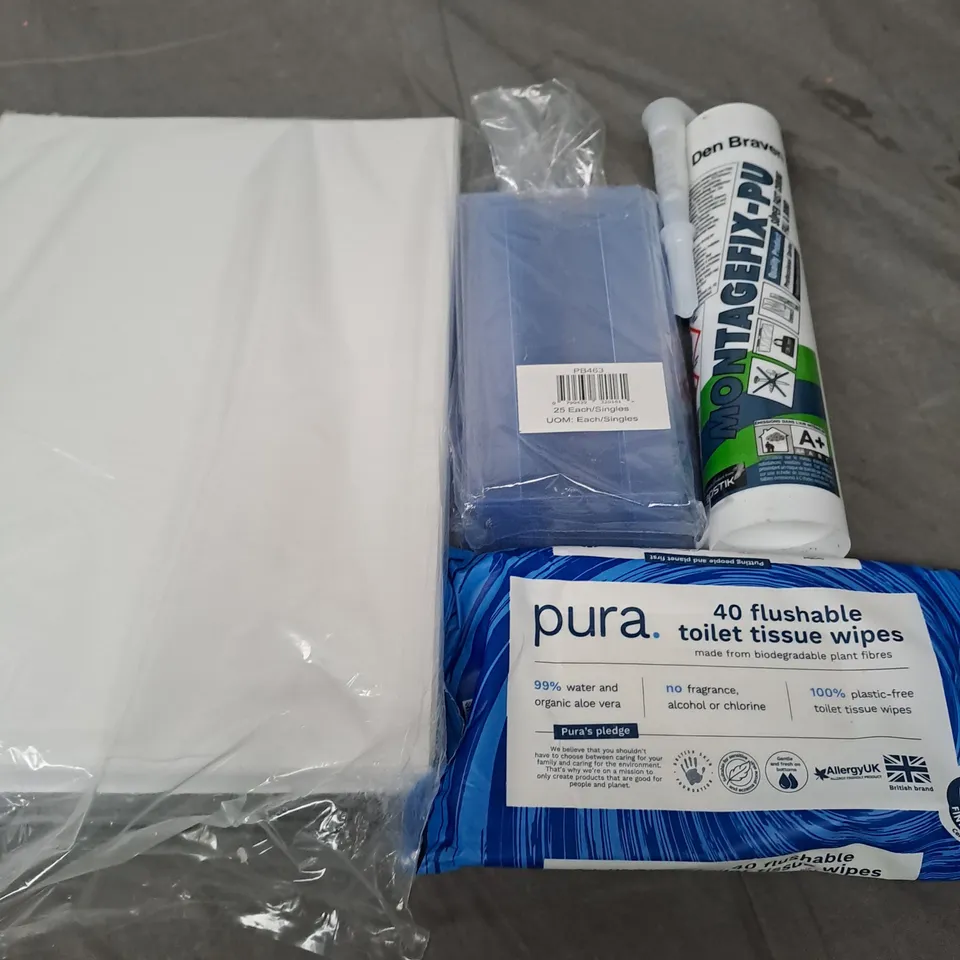 APPROXIMATELY 8 ASSORTED HOUSEHOLD PRODUCTS TO INCLUDE PAPER, TISSUE WIPES, SEALANT ETC 