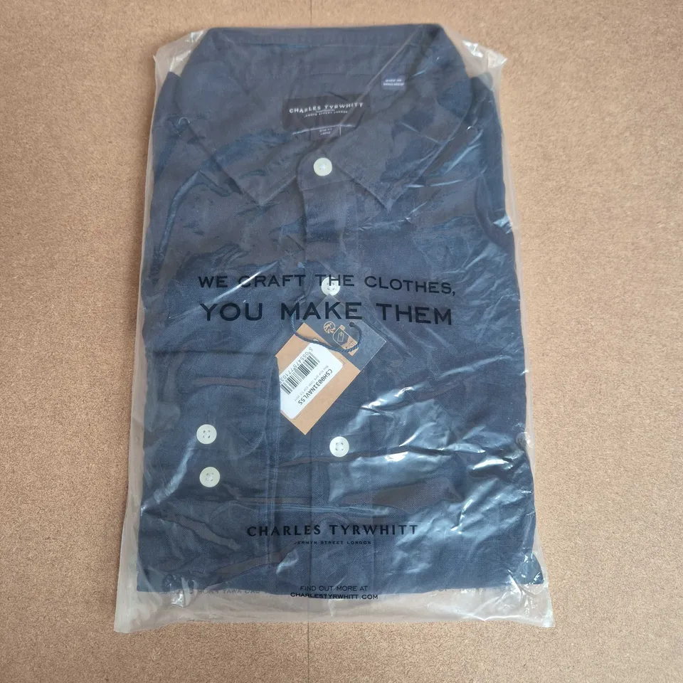 BAGGED CHARLES TYRWHITT NAVY BLUE PURE LINEN SLIM FIT SHIRT - LARGE