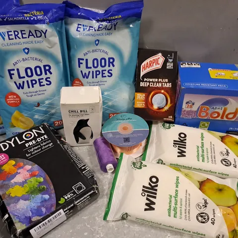 ASSORTED HOUSEHOLD ITEMS TO INCLUDE FLOOR WIPES, DOUBLE SIDED RIBBON, BOLD WASHING PODS, ETC