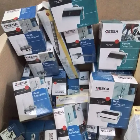 MIXED BOX OF BOXED BATHROOM FIXTURES // TOILET ROLL DISPENSERS, GLASS HOLDERS, BOTTLE HOLDERS, SOAP DISHES ECT.