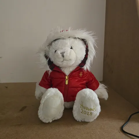 HARRODS TEDDY BEAR β WHITE PLUSH WITH RED HOODED JACKET (2018)