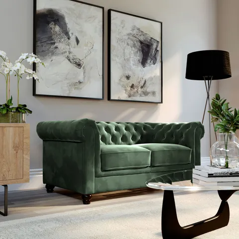 BOXED HAMPTON 2 SEATER CHESTERFIELD SOFA - MOSS GREEN CLASSIC VELVET (1 BOX)