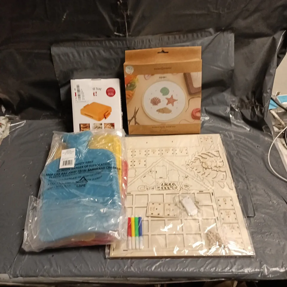 APPROXIMATELY 20 ASSORTED HOUSEHOLD ITEMS INCLUDING MAKE AND CREATE EMBROIDERY HOOP KIT, A SELECTION OF HOT WATER BOTTLES, BAKE IT! MICROWAVE GRILL TRAY AND XMAS ADVENT COLOURING SET