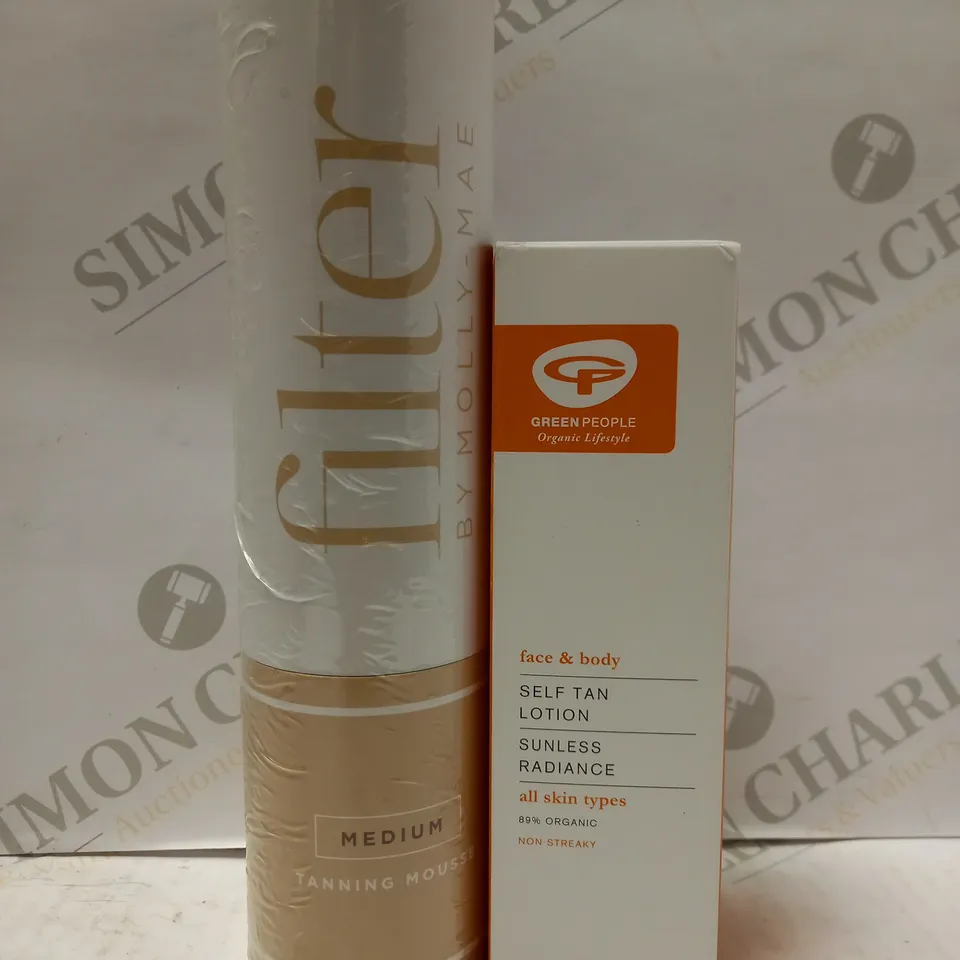 LOT OF 2 TANNING PRODUCTS TO INCLUDE FILTER BY MOLLY MAE MOUSSE - MEDIUM & GREEN PEOPLE SELF TAN LOTION FOR FACE AND BODY 