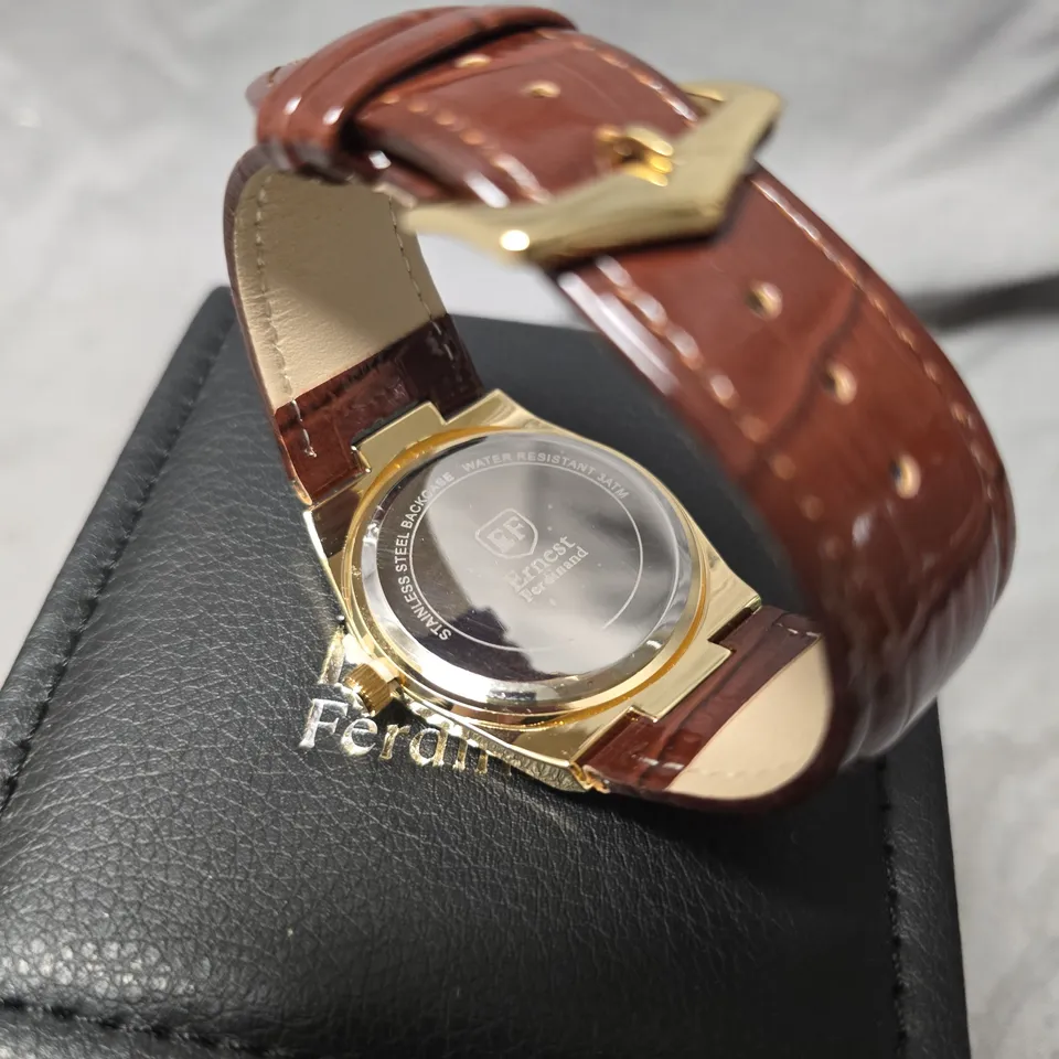 MENS ERNEST FERDINAND WATCH – DAY DATE CALENDAR DIAL – LEATHER STRAP – 3ATM WATER RESISTANT - GIFT BOX