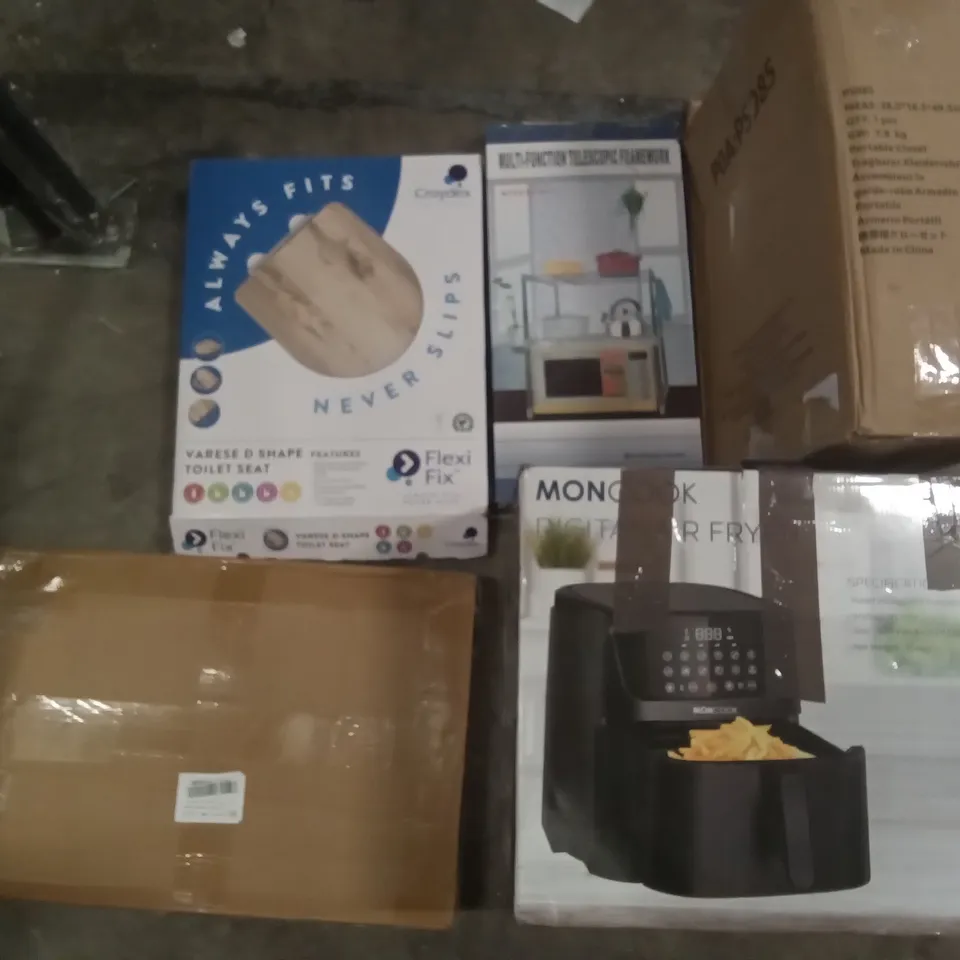 PALLET OF ASSORTED ITEMS INCLUDING MONCOOK DIGITAL AIR FRYER, PORTABLE CLOSET, MULTIFUNCTION TELESCOPIC FRAMEWORK, CROYDEX TOILET SEAT, BED RAILS FOR ELDERLY, ELEMUSE MATTRESS TOPPER 