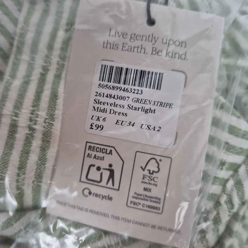 BAGGED NOBODY'S CHILD GREEN STRIPE SLEEVELESS MIDI DRESS – UK6 (EU34)