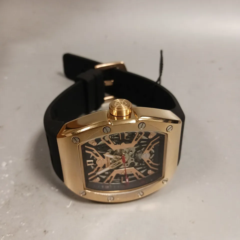MENS AUTOMATIC DESCHAMPS & CO WATCH – SKELETON DIAL – GLASS EXHIBITION BACK CASE – RUBBER STRAP