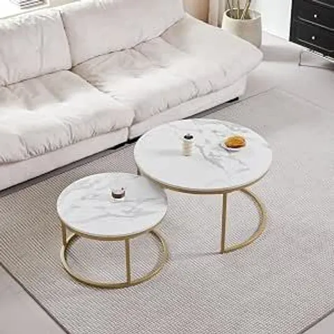 BOXED SET OF 2 ROUND COFFEE TABLE LARGE 80Γ80Γ45CM SMALL 60Γ60Γ35CM (WHITE & GOLD)