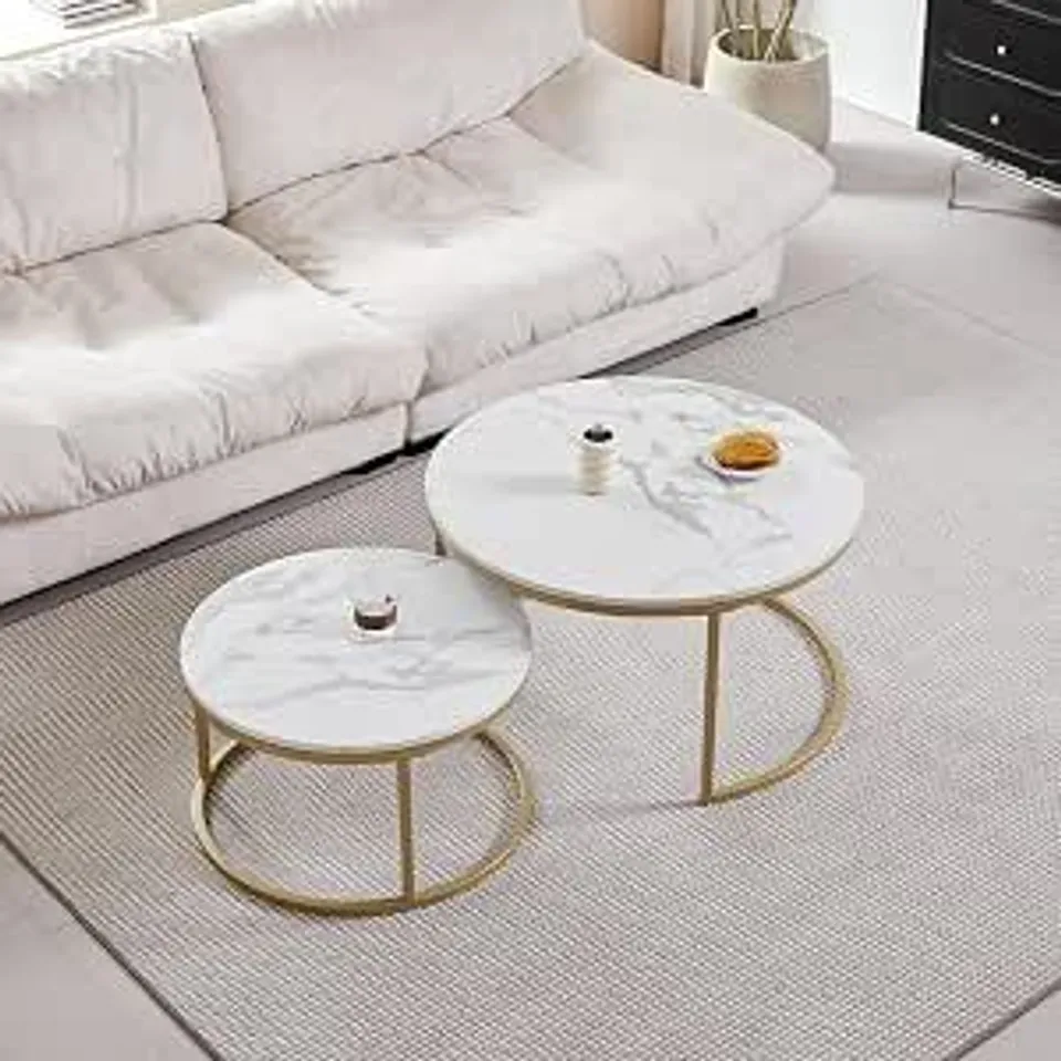 BOXED SET OF 2 ROUND COFFEE TABLE LARGE 80×80×45CM SMALL 60×60×35CM (WHITE & GOLD)