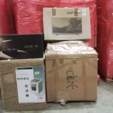PALLET OF ASSORTED HOUSEHOLD GOODS AND PRODUCTS TO INCLUDE;ONE S RECORD PLAYER,24"TV,PAPER SHREDDER,OFFICE CHAIR