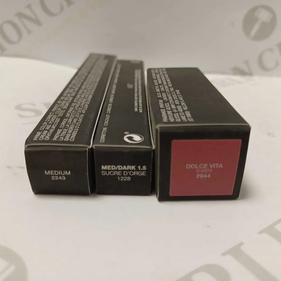 LOT OF 3 NARS PRODUCTS TO INCLUDE CONCEALER #MED/DARK 1.5, EYESHADOW BASE #MEDIUM, LIPSTICK #DOLCE VITA 
