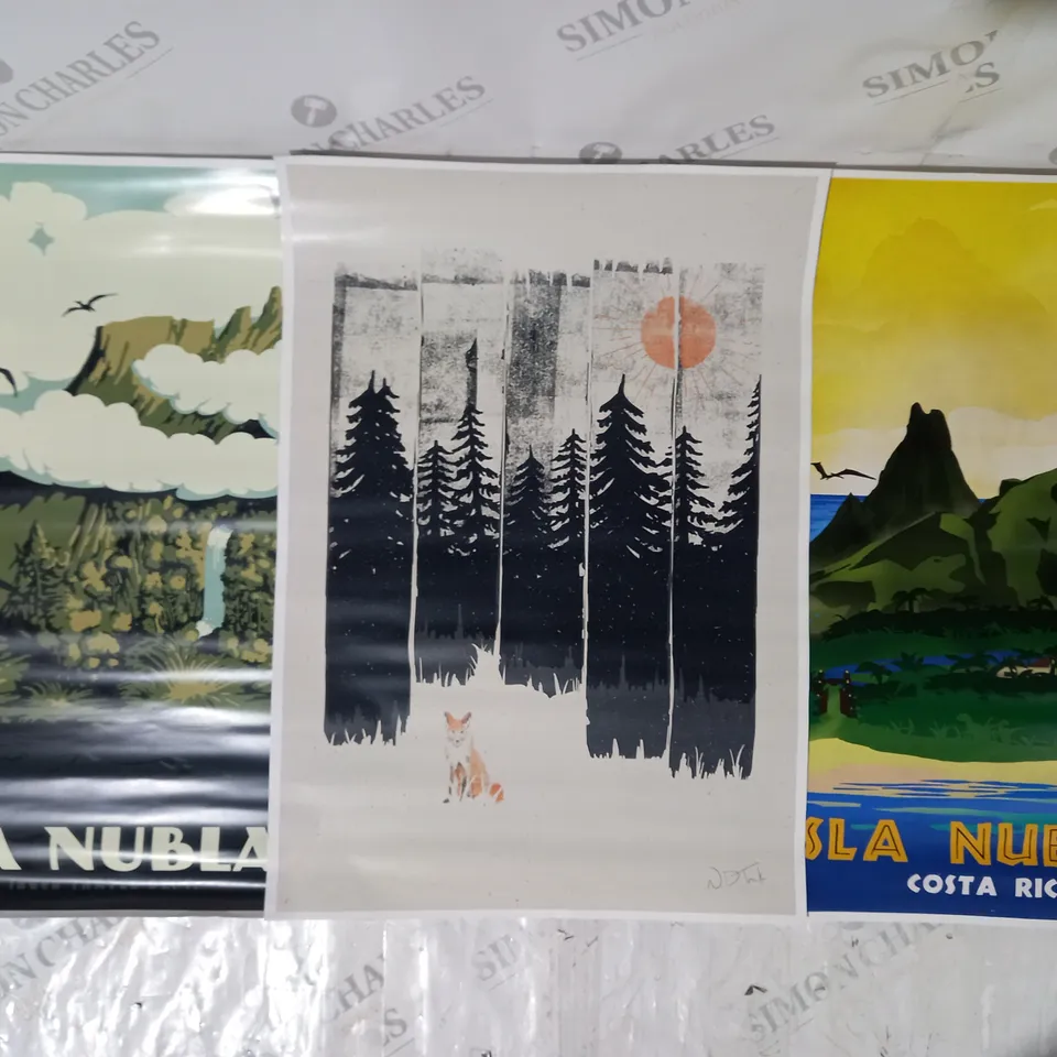 COLLECTION OF 3 ART PRINTS TO INCLUDE ISLA NUBLAR COSTA RICA, VISIT ISLA NUBLAR, AND SIGNED FOX IN THE WILD