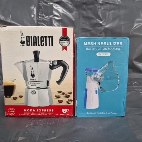 APPROXIMATELY 8 ASSORTED HOUSEHOLD ITEMS TO INCLUDE MESH NEBULIZER, BIALETTI MOKA EXPRESS, ETC