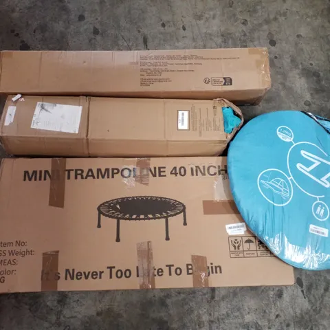 PALLET OF ASSORTED PRODUCTS INCLUDING BEACH TENT, POP UP TENT, MINI TRAMPOLINE 40", FOAM FLOOR PADDING