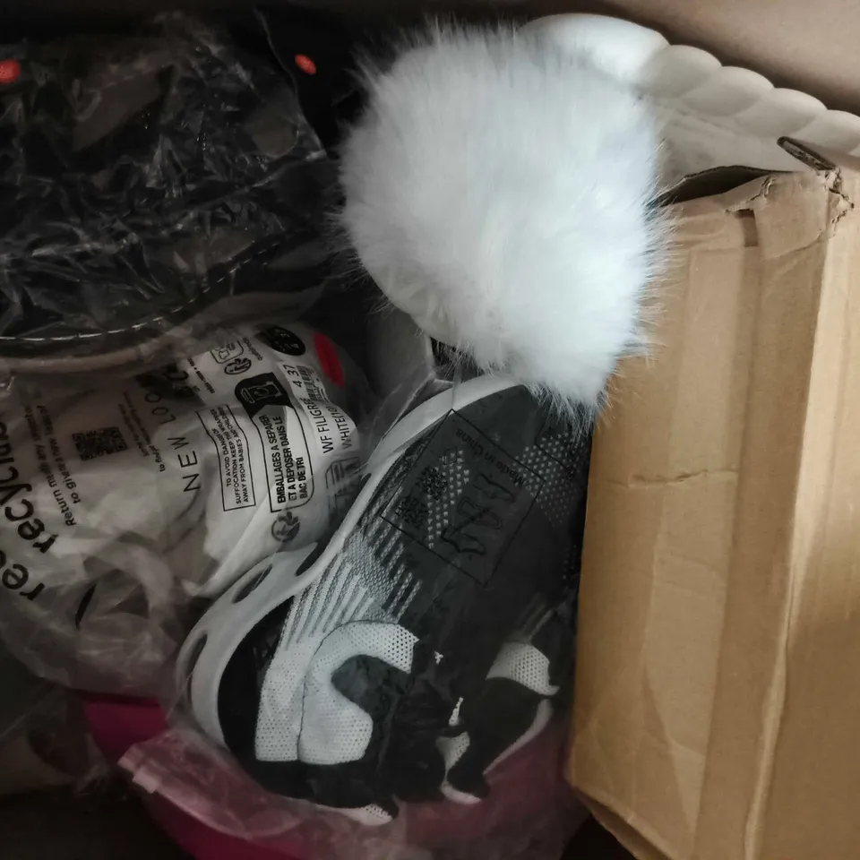 BOX OF APPROXIMATELY 15 ASSORTED PAIRS OF SHOES AND FOOTWEAR ITEMS IN VARIOUS COLOURS, STYLES, AND SIZES - COLLECTION ONLY