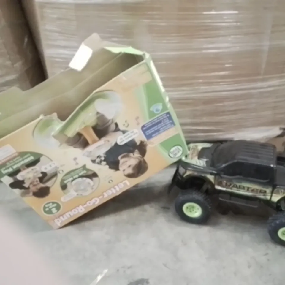 PALLET OF ASSORTED HOUSEHOLD GOODS AND PRODUCTS TO INCLUDE;KIDS RACE CAR,LETTER GO ROUND GAME