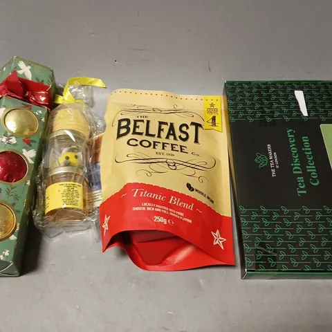 TOTE OF ASSORTED FOOD AND DRINK ITEMS TO INCLUDE BELFAST COFFEE, HONEY AND TEABAGS