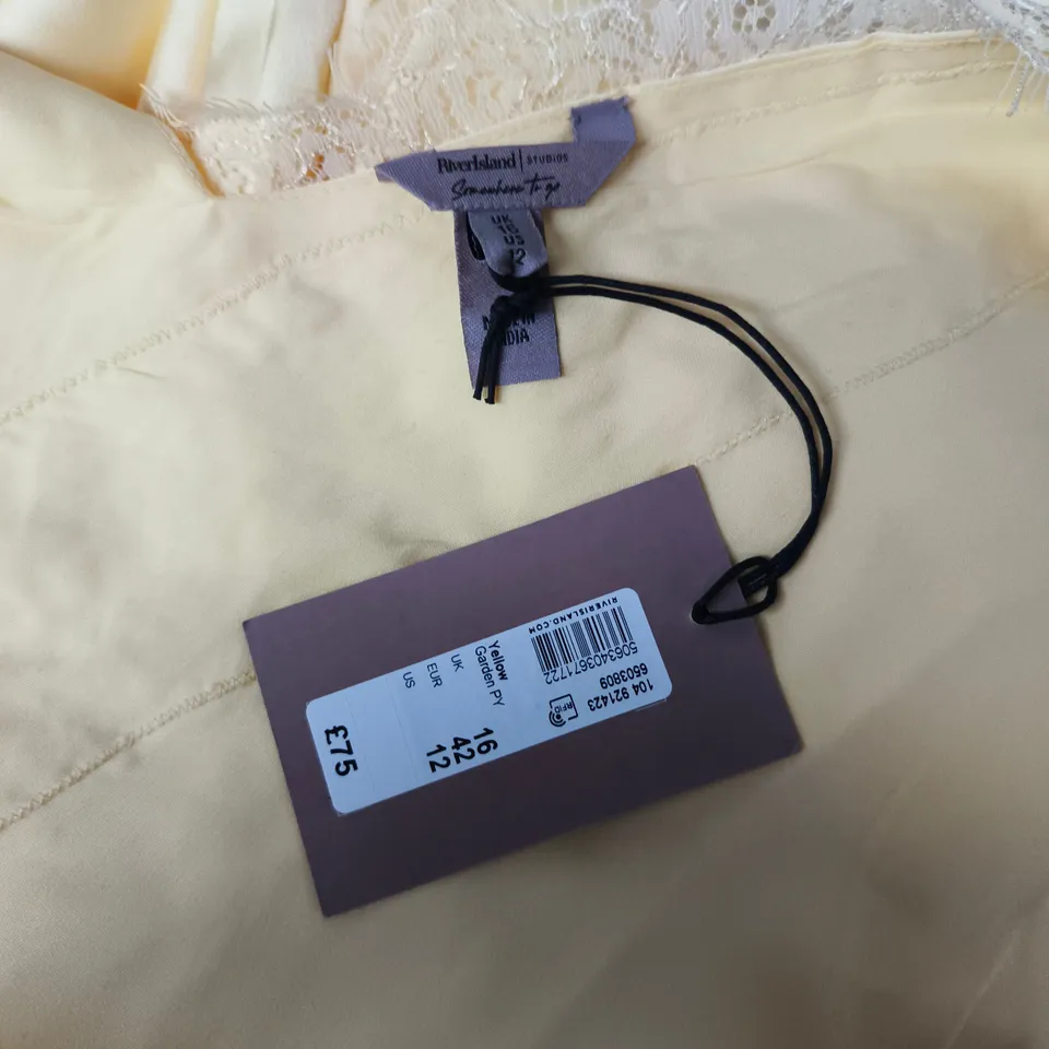 RIVER ISLAND STUDIO YELLOW SATIN SLIP DRESS WITH LACE TRIM, UK 16 (EU 42)