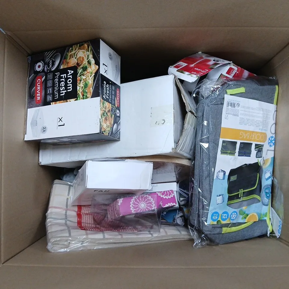 APPROXIMATELY 12 ASSORTED ITEMS TO INCLUDE COOLING BAG, NECK FAN, MINI SQUARE FAN, ETC