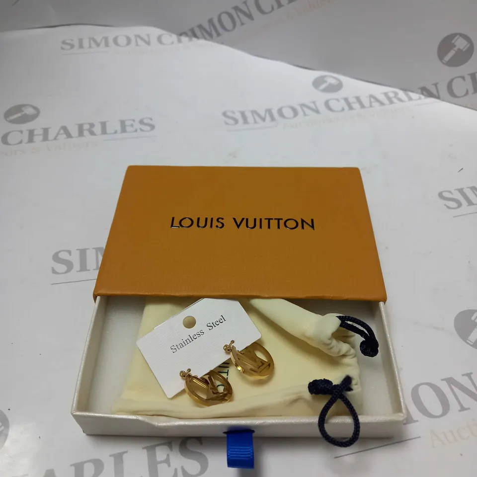 BOXED LOUIS VUITTON STAINLESS STEEL HOOP BRANDED EARRINGS WITH LV LOGO 