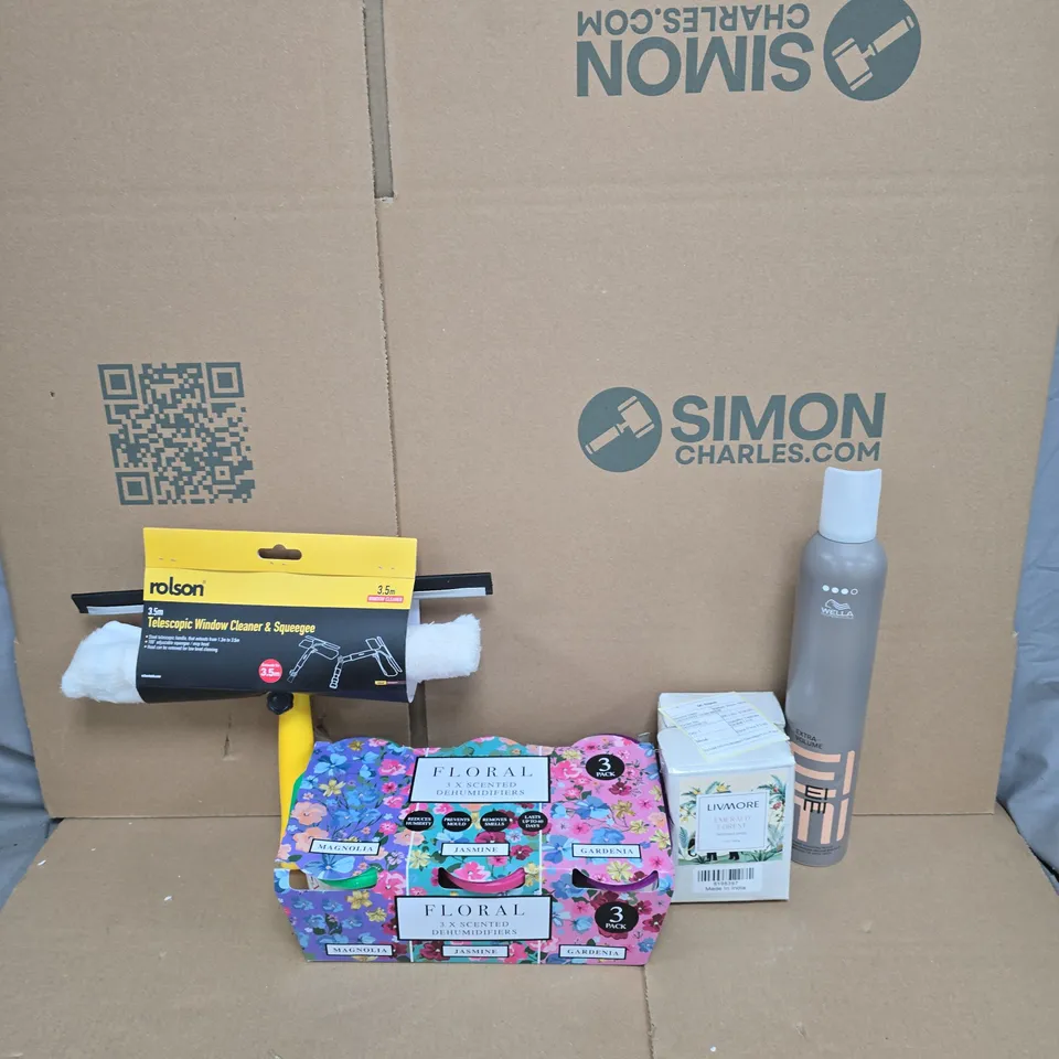 APPROXIMATELY 15 ASSORTED HOUSEHOLD ITEMS TO INCLUDE SCENTED DEHUMIDIFIERS, TELESCOPIC WINDOW CLEANER AND SQUEEGEE AND A SCENTED CANDLE