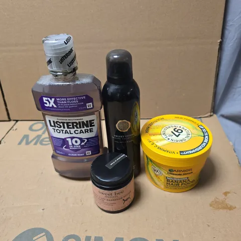 TOTE OF APPROXIMATELY 18 ASSORTED COSMETIC ITEMS TO INCLUDE LISTERINE, VELVET OUDH, SWEET BEE MAGNESIUM BUTTER, GARNIER BANANA HAIR FOOD ETC