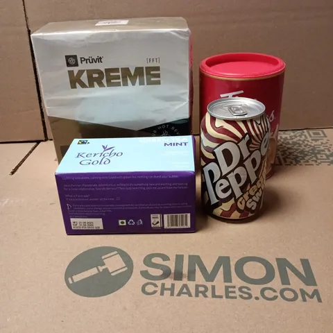 TOTE OF APPROXIMATELY 12 ASSORTED FOOD/DRINK ITEMS TO INCLUDE TIM HORTONS FRENCH VANILLA CAPPUCCINO, SWEET KREME, DR PEPPER CREAM SWIRL, KERICHO GOLD GREEN TEA MINT ETC