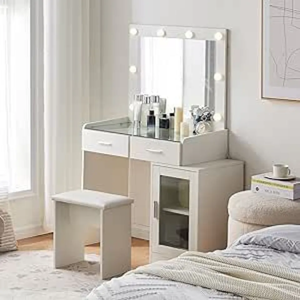 BOXED TUKAILAI WHITE DRESSING TABLE SET WITH MIRROR AND STOOL, INNOVATIVE HOLLYWOOD BULBS AND GLASS TABLE TOP (2 BOXES)