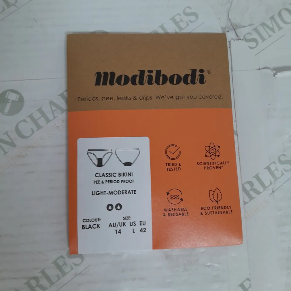 MODIBODI PERIOD UNDERWEAR CLASSIC BIKINI LIGHT-MODERATE IN BLACK SIZE 14/L RRP £125