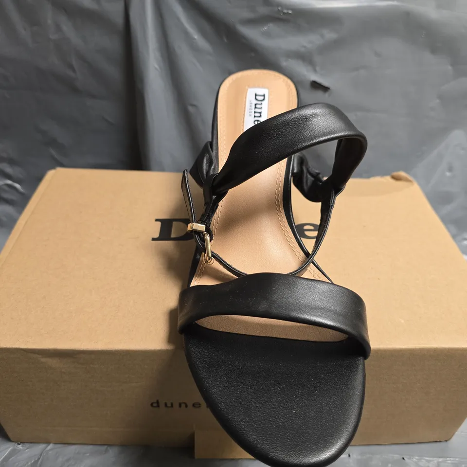 BOXED DUNE BLACK LEATHER TWO PART HEEL SANDAL - SIZE 5 