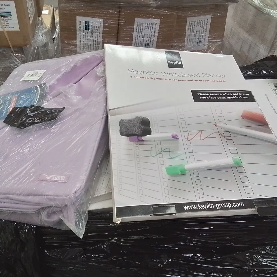 PALLET CONTAINING LARGE AMOUNT OF MAGNETIC WHITEBOARD PLANNERS, RUCKSACKS, LUGGAGE CASES ETC.
