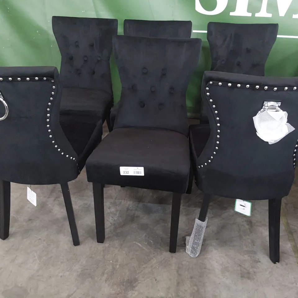 SET OF SIX DESIGNER UPHOLSTERED BUTTONED RING BACK DINING CHAIRS BLACK PLUSH FABRIC WITH STUDDED DETAIL 