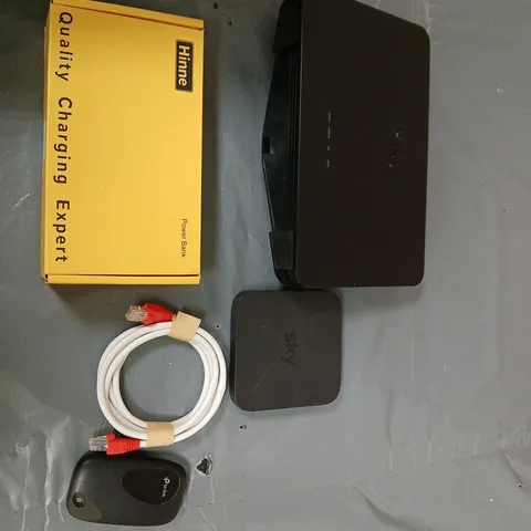 ASSORTED BOX INCLUDING SKY WIFI ROUTER,MICE AND ETHERNET CABLE ECT. APPROXIMATLEY 10 ITEMS