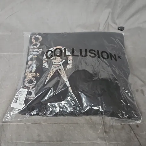 BAGGED COLLUSION BOXY OVERSIZED SWEATSHIRT – BLACK, SIZE L, GRAPHIC LOGO