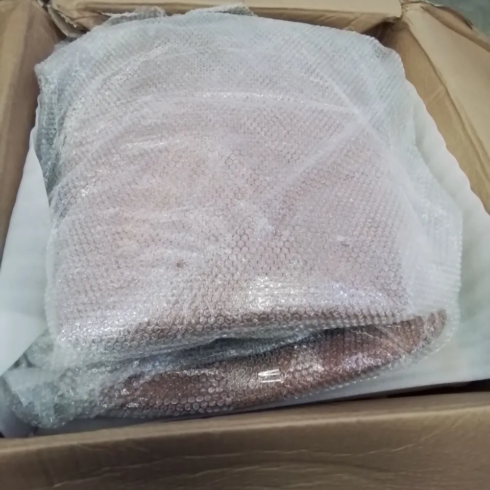 A BOXED PAIR OF BROWN FAUX LEATHER UPHOLSTERED DINING/SIDE CHAIRS