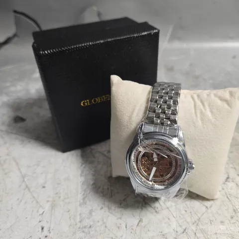 BOXED GLOBENFIELD EXHIBITION DIAL GENTS WATCH WITH SKELETON BACK CASE AND METAL STRAP