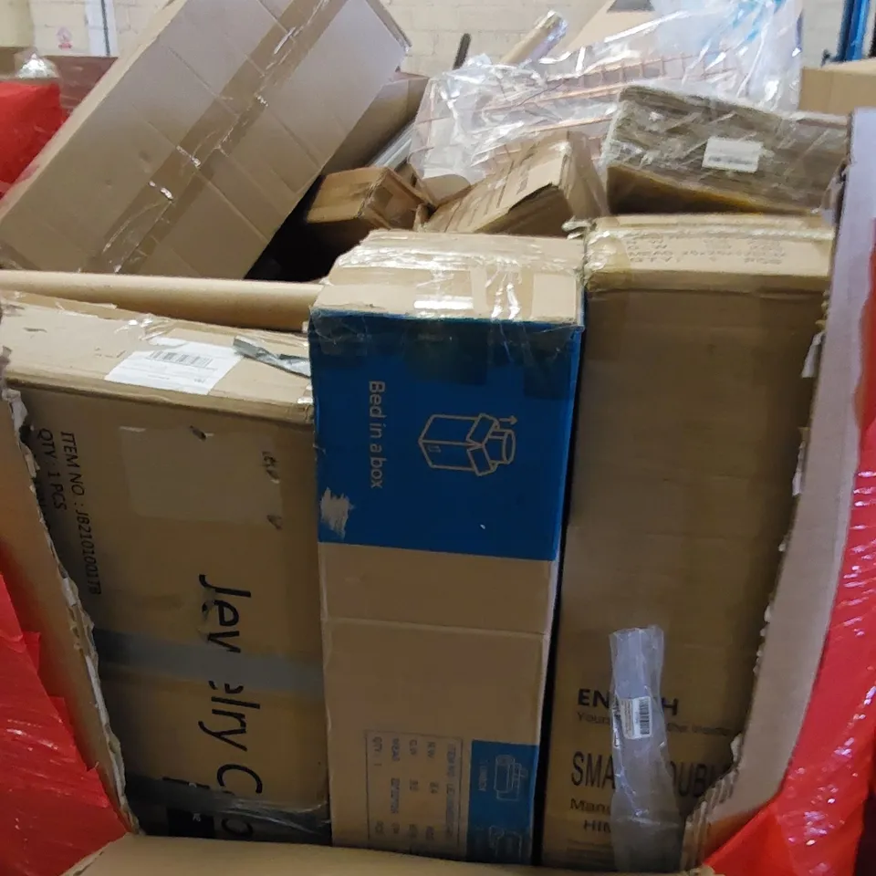 PALLET TO CONTAIN ASSORTED HOUSEHOLD ITEMS AND CONSUMER PRODUCTS. INCLUDES JEWELRY CABINET, HEATER FAN, BOXED FURNITURE ETC 
