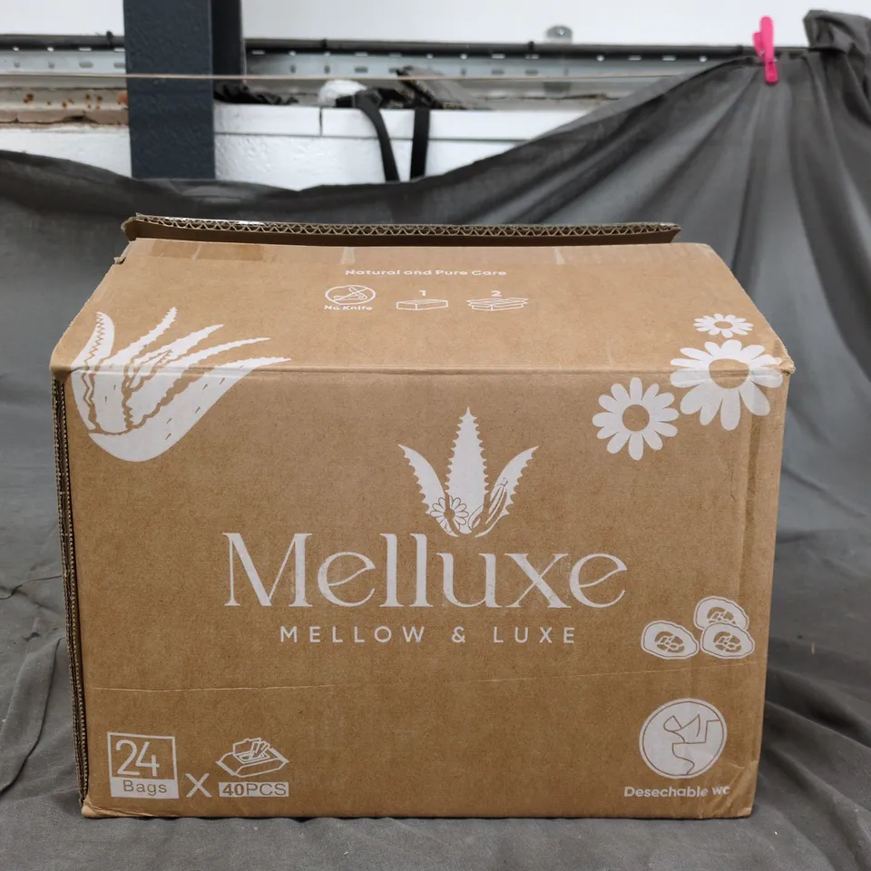 BOX OF APPROXIMATELY 24 MELLUXE MOIST TOILET TISSUES – FLUSHABLE, 40 PCS PER BAG,
