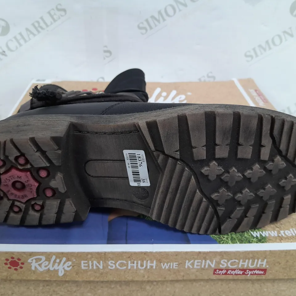 BOXED PAIR OF RELIFE CLAIRE BOOTS IN BLACK - SIZE 38
