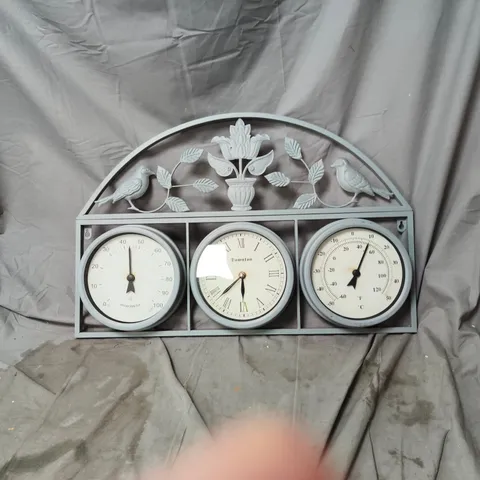 THREE-DIAL DECORATIVE WALL CLOCK WITH FLORAL METAL FRAME 