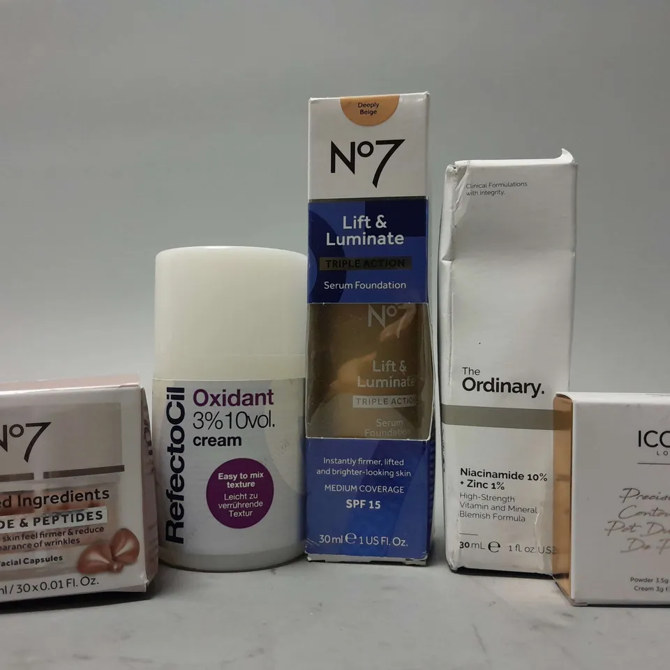 APPROXIMATELY 5 HEALTH AND BEAUTY ITEMS TO INCLUDE THE ORDINARY VITAMIN AND MINERAL BLEMISH FORMULA (30ml), N07 LIFT & LUMINATION SERUM FOUNDATION (30ml), ICONIC LONDON PRECISION DUO, ETC